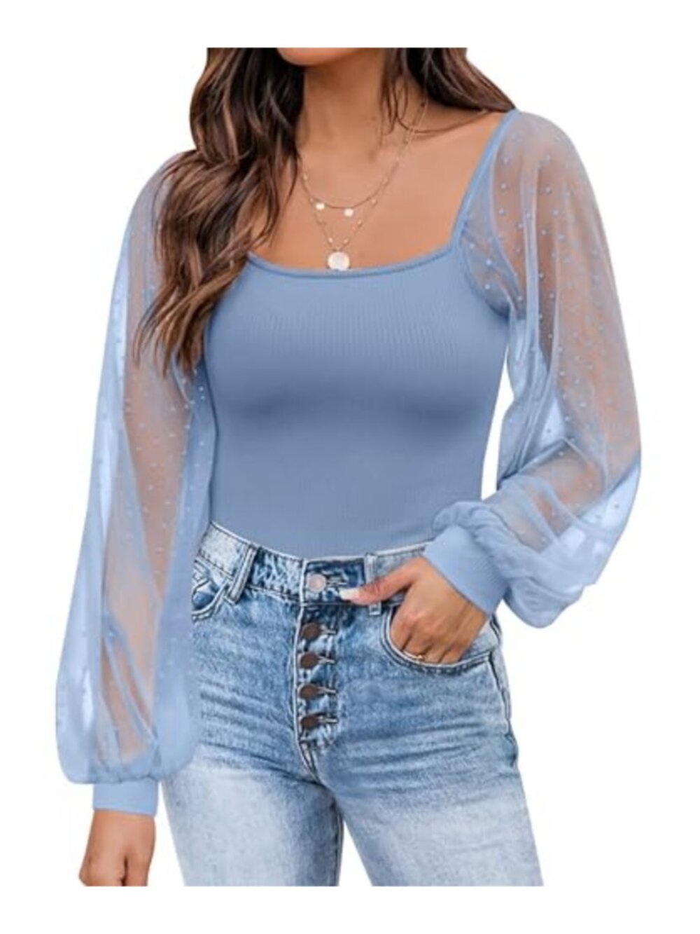 Women's Mesh Swiss Dot Puff Long Sleeve Blouse Ribbed Knit Top Casual